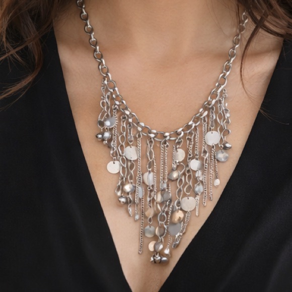 None Jewelry - Silver Fringe Statement Necklace Layered Chain Bib Boho Festival